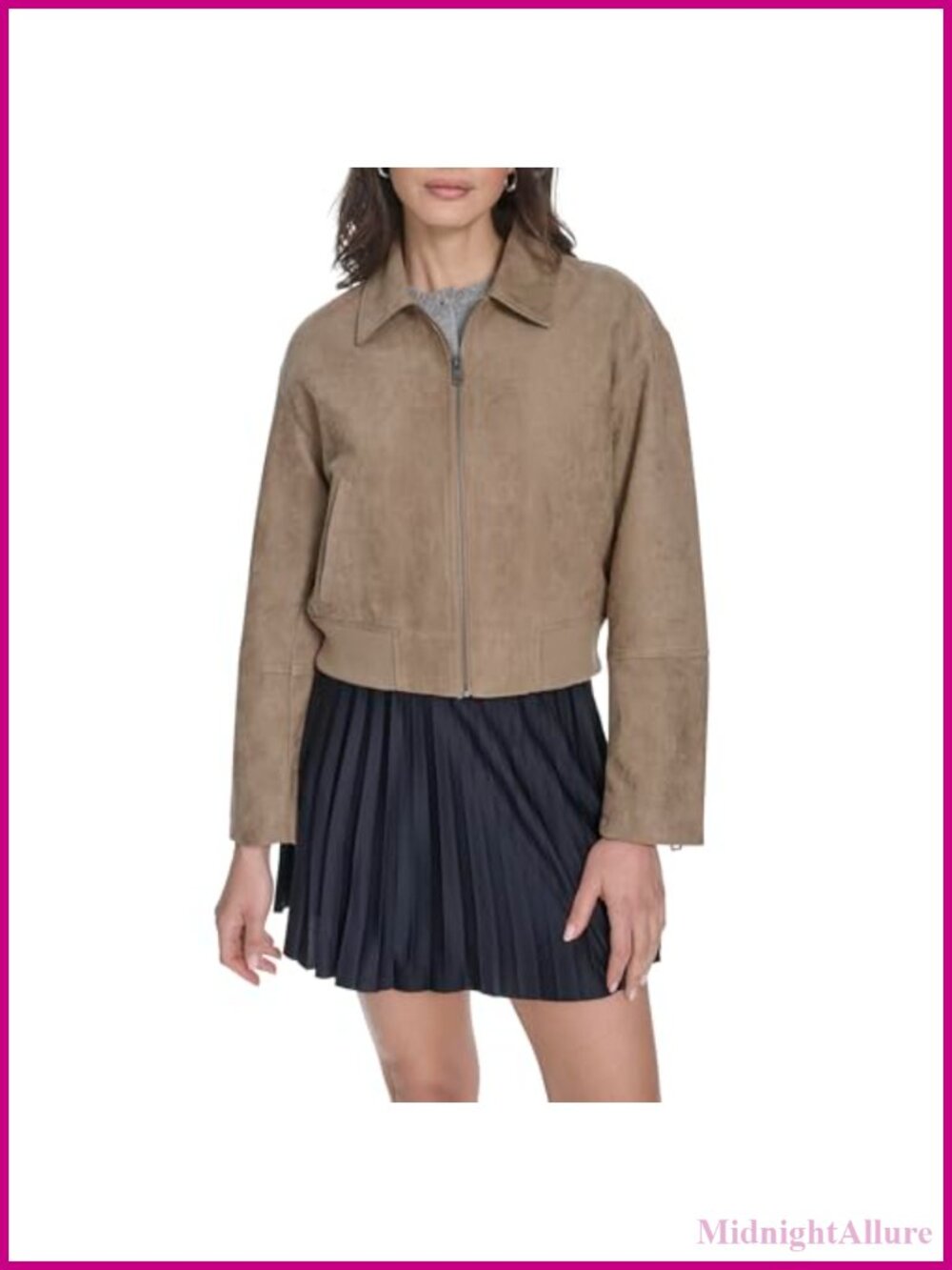 Faux Suede Bomber Jacket With Laydown Collar Zip Closure